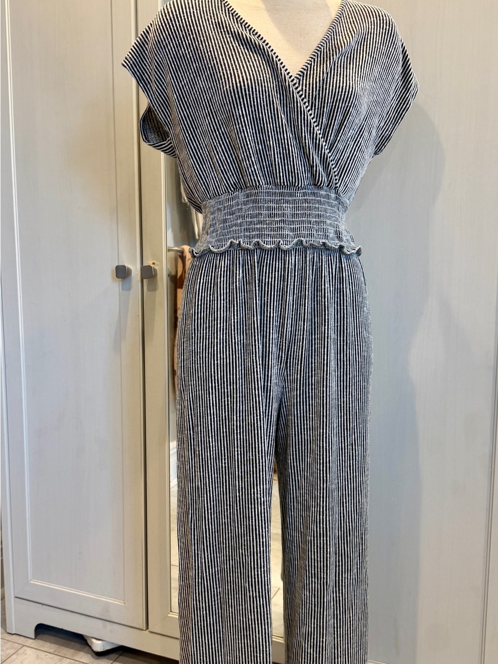 Caution To The Wind Black & White Striped V-Neck Smocked-Waist Jumpsuit